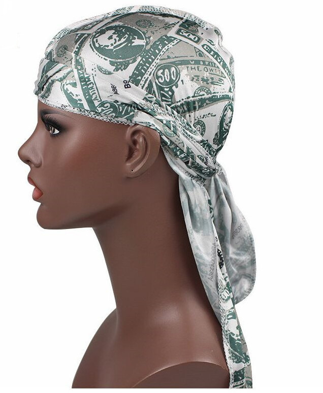 Wholesale custom logo printed designer Silky Satin silk du rags men bandana durags with long tail head wrap