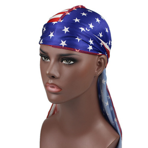 Wholesale custom logo printed designer Silky Satin silk du rags men bandana durags with long tail head wrap