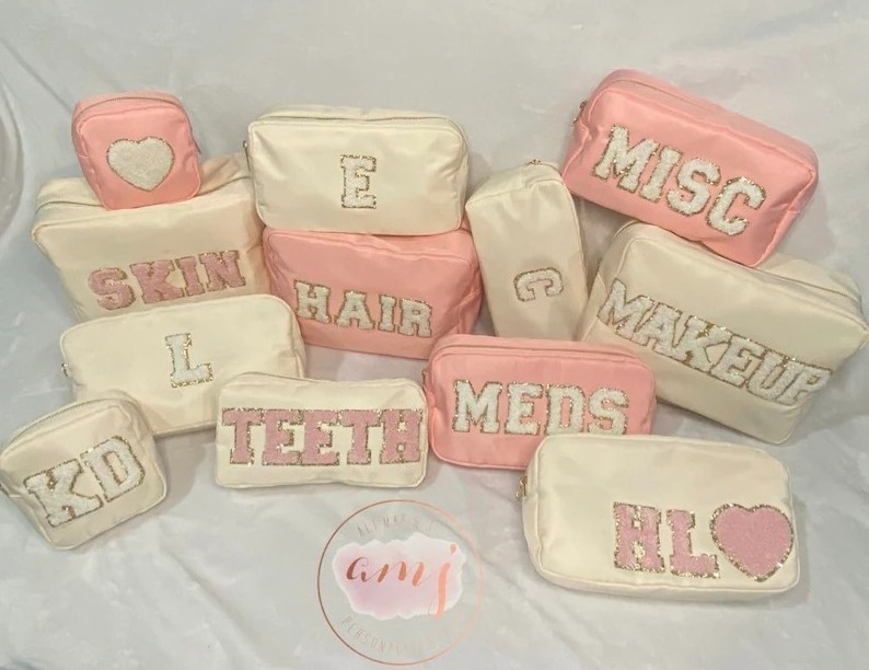 Custom Personalized Waterproof Pvc Candy Nylon Clear Pouch Cosmetic Bag Neon Make Up Bag With Chenille Letter Patches