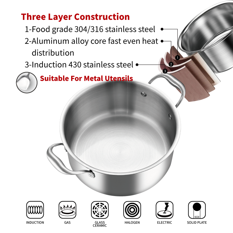 Factory Direct quality OEM stainless steel cookware set cooking pot set  tri ply cookware stainless steel Saucepan Casserole