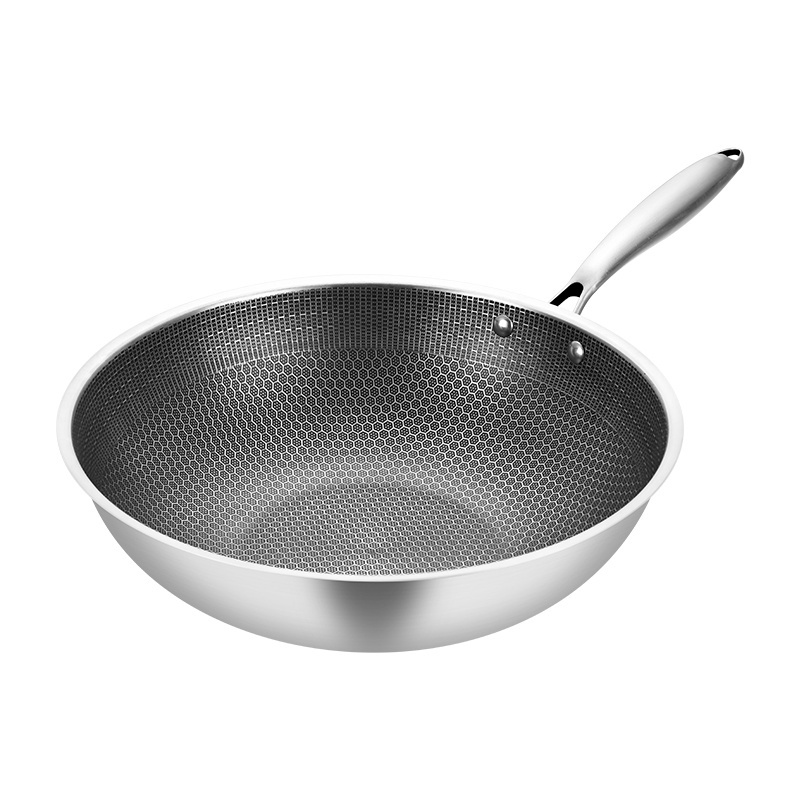 High Quality Stainless Steel Flat Frying Pan Stainless Wok With Glass Cover Non Stick Wok Pan with honeycomb wajan sarang lebah