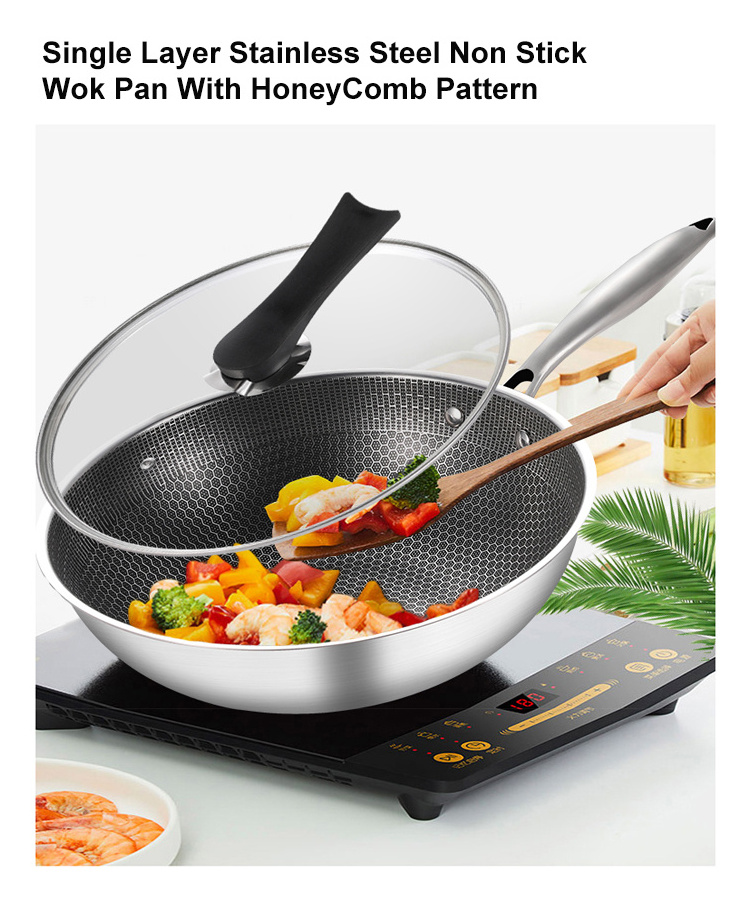 High Quality Stainless Steel Flat Frying Pan Stainless Wok With Glass Cover Non Stick Wok Pan with honeycomb wajan sarang lebah