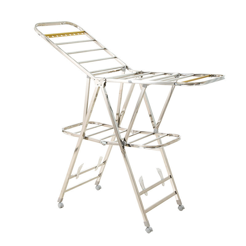 2022 New stainless steel folding portable metal clothes drying rack with wheels for house use