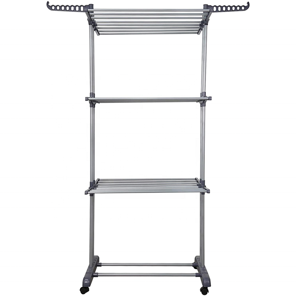 Cheap price stainless steel 4 tier folding clothes drying racks laundry garment hanger racks stand with wheels