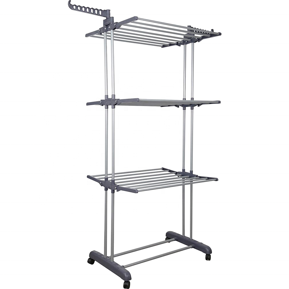 Cheap price stainless steel 4 tier folding clothes drying racks laundry garment hanger racks stand with wheels