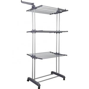 Cheap price stainless steel 4 tier folding clothes drying racks laundry garment hanger racks stand with wheels