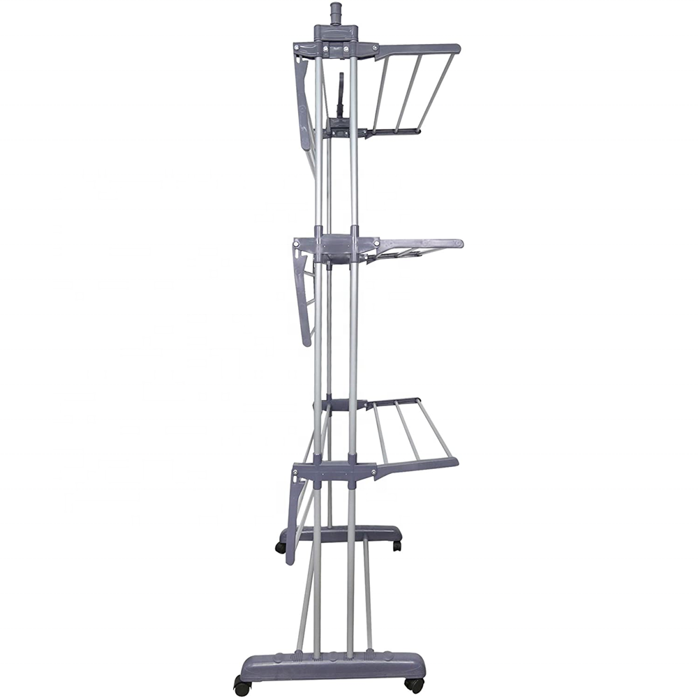 Cheap price stainless steel 4 tier folding clothes drying racks laundry garment hanger racks stand with wheels