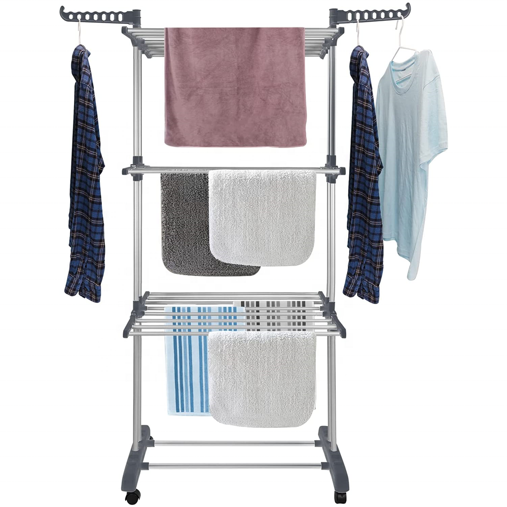 High quality 4 tier metal folding clothes drying rack laundry garment hanger racks stand with two side wings