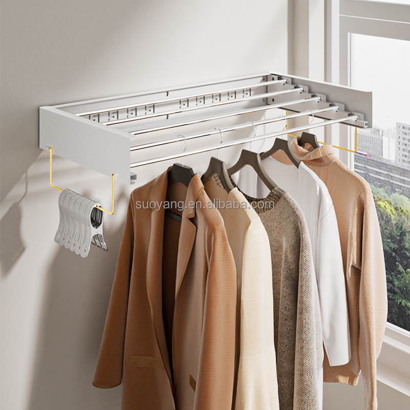 2023 New Wall Mounted Retractable Clothes Drying Rack with Wall Template Hook