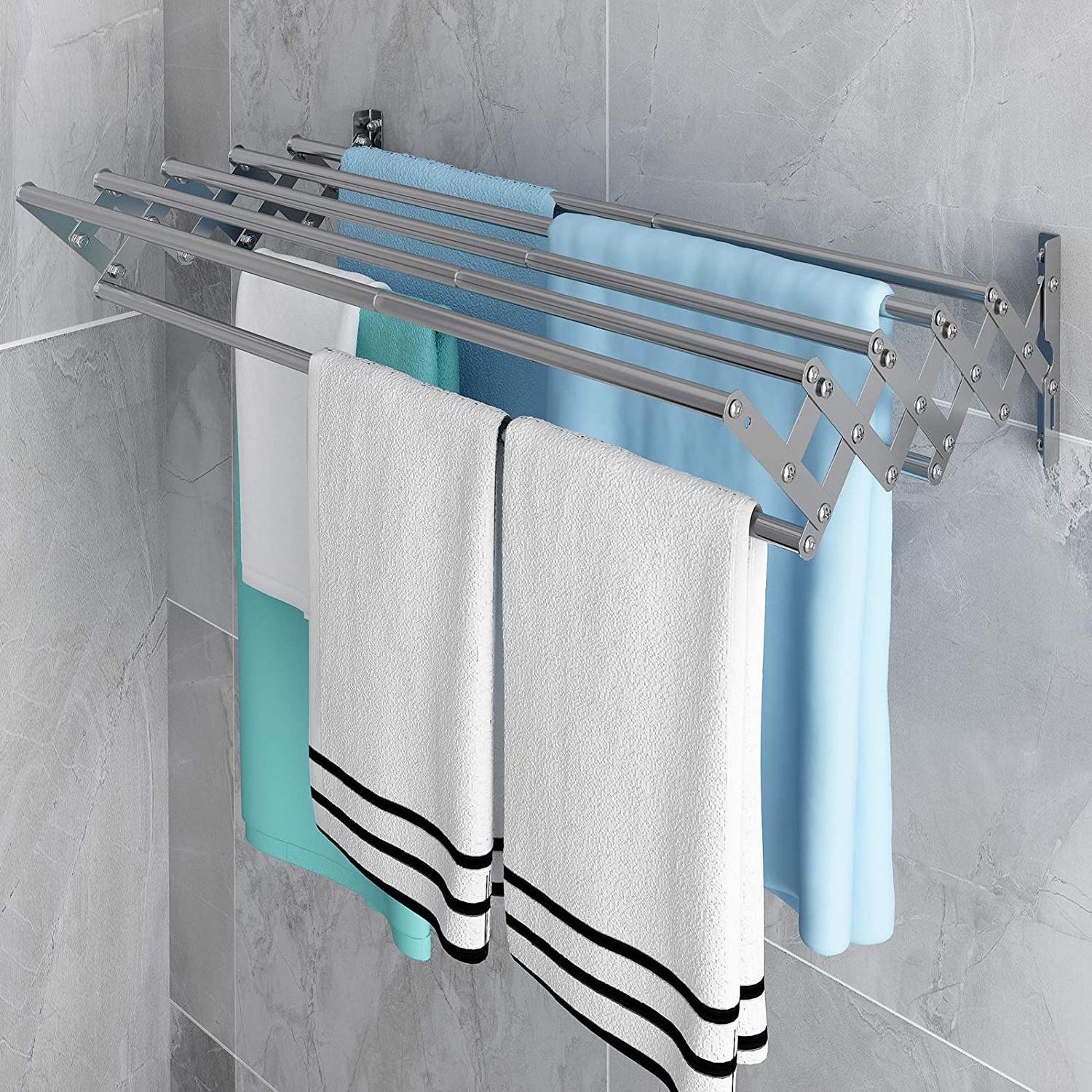 Wall Mounted Clothes Drying Rack Stainless Steel Accordion Retractable Drying Rack for Laundry Room Bathroom Tower