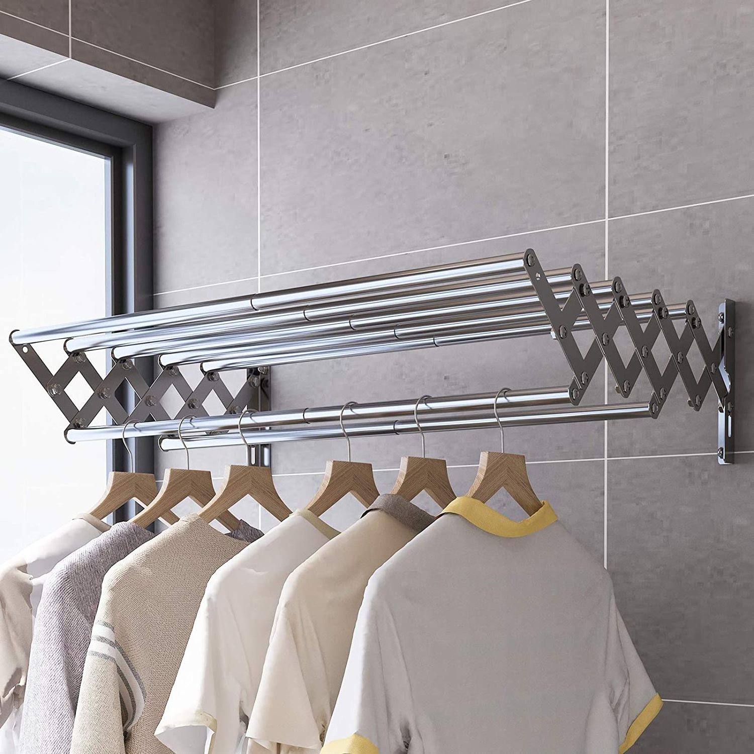 Wall Mounted Clothes Drying Rack Stainless Steel Accordion Retractable Drying Rack for Laundry Room Bathroom Tower