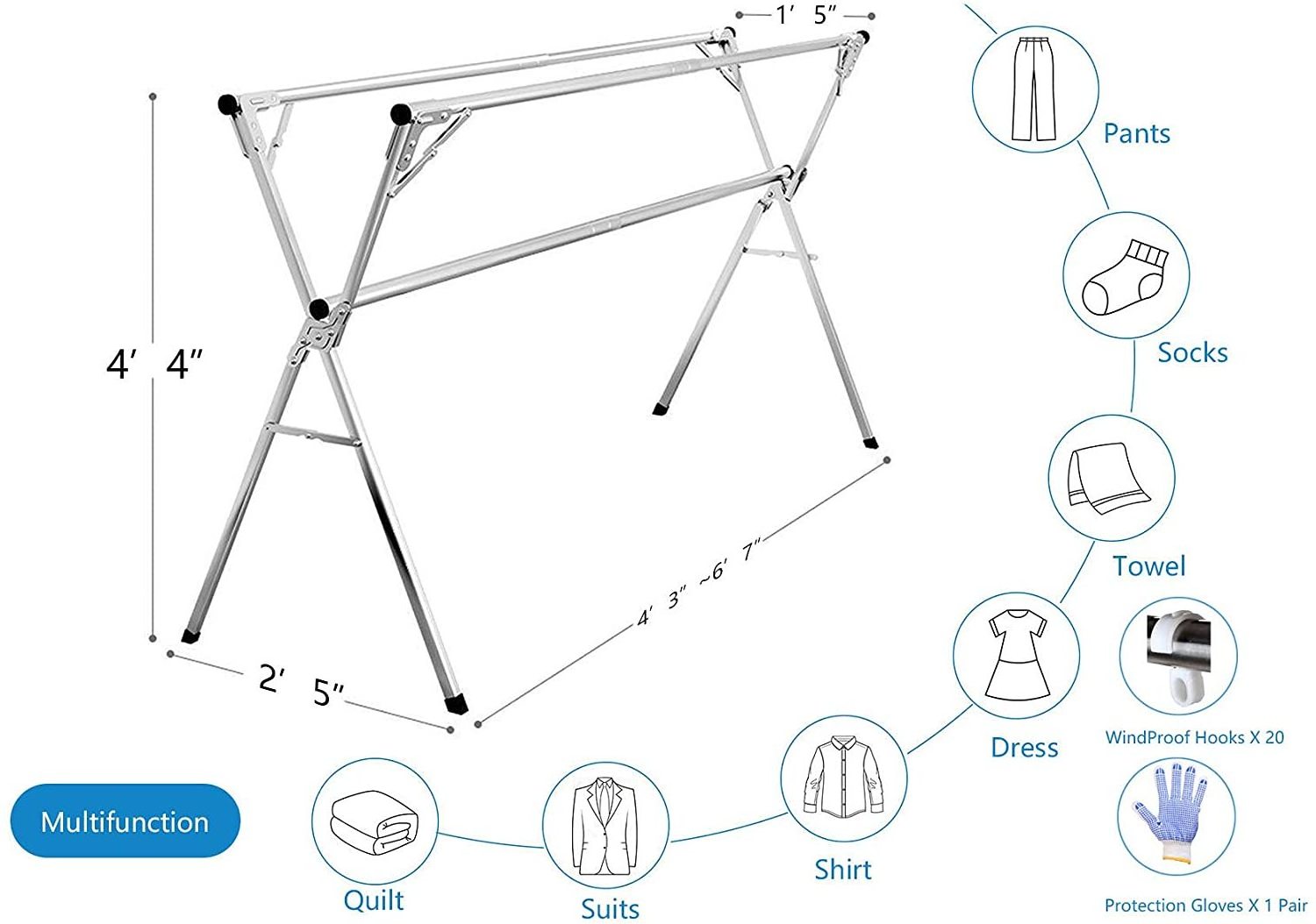 Home use stainless steel stable metal pipe foldable clothes drying laundry rack