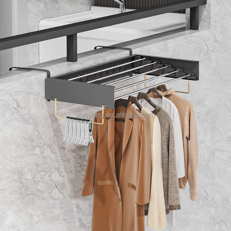 2023 New Wall Mounted Retractable Clothes Drying Rack with Wall Template Hook