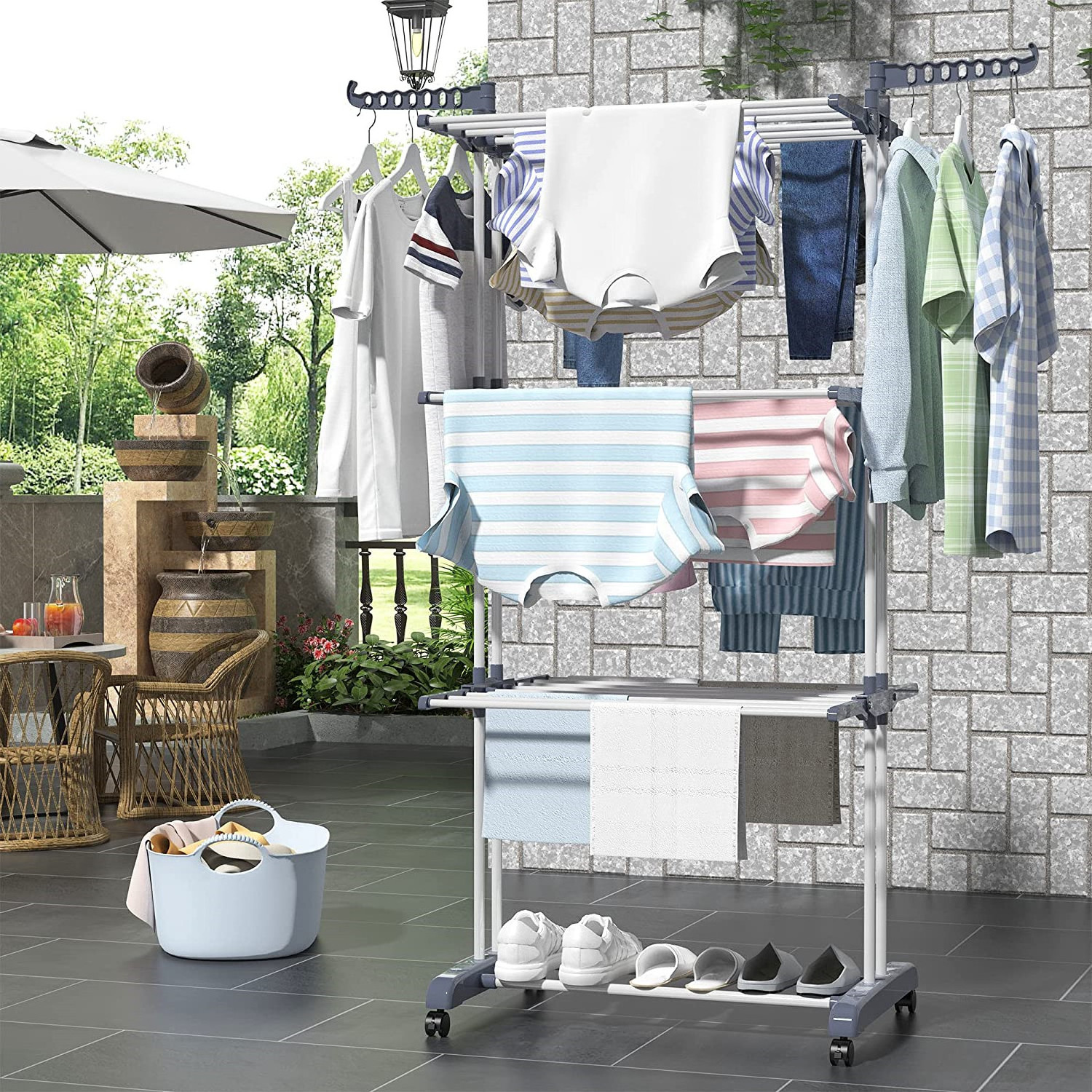 High quality 4 tier metal folding clothes drying rack laundry garment hanger racks stand with two side wings