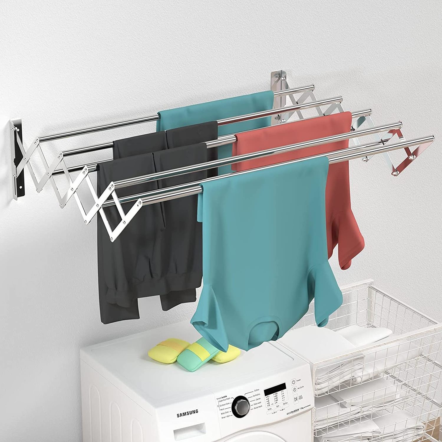 Wall Mounted Clothes Drying Rack Stainless Steel Accordion Retractable Drying Rack for Laundry Room Bathroom Tower