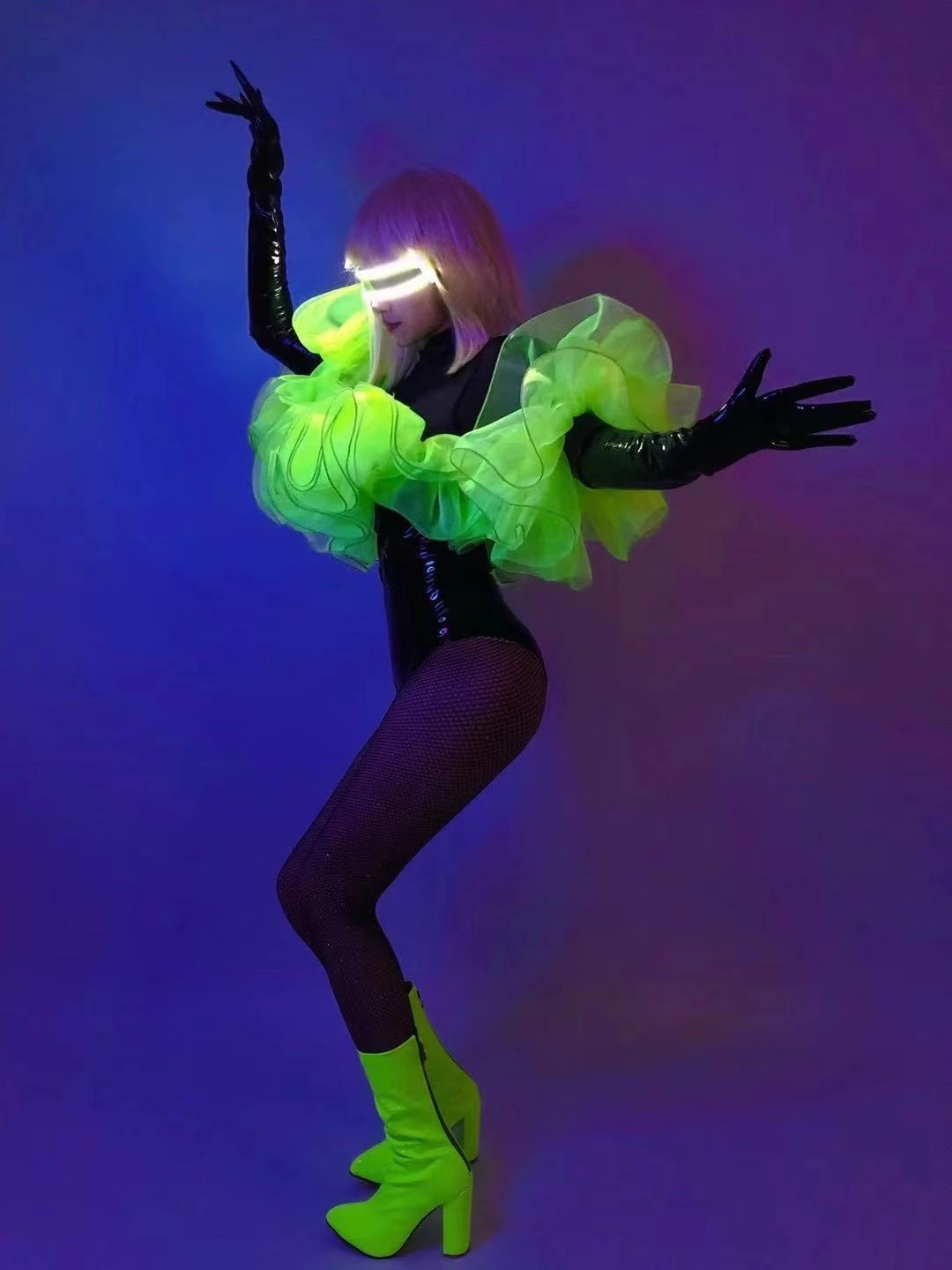 Black Leather Bodysuit Fluorescent Green Gothic Style Show Outfit Women DJ Dancer Singer Nightclub Sexy Stage Costume