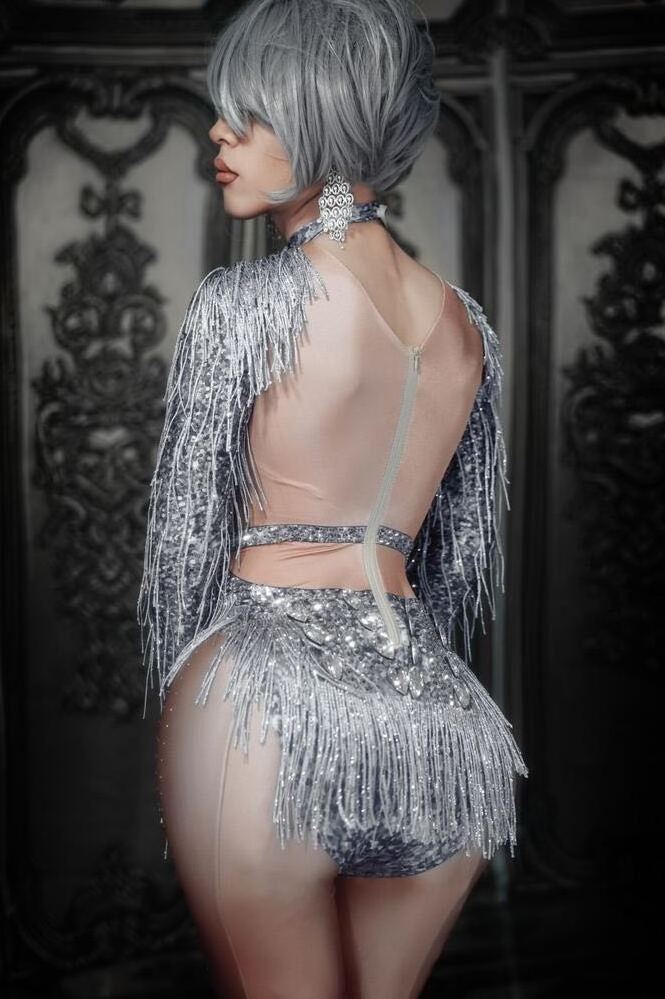 Sexy Sparkly Silver Crystal Fringes Dance Costume Rhinestone Gloves Tassel Bodysuit Party Stage Wear Dance Show Leotard