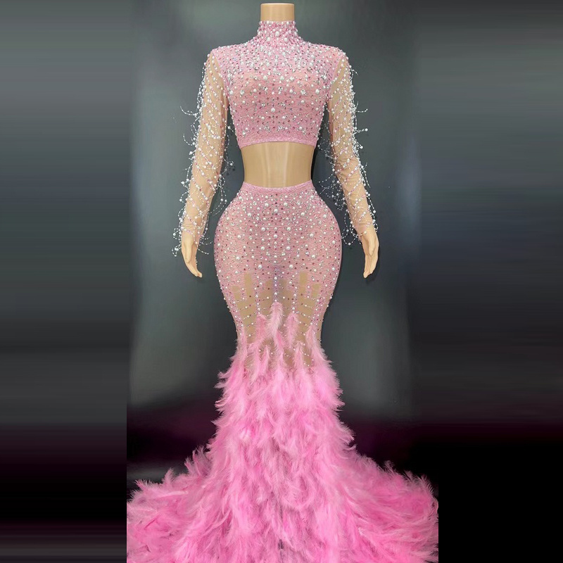 Two Piece Set Luxury Illusion Weeding Evening Dress Shiny Rhinestone Pearl Pink Feather Dress