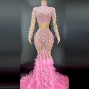 Two Piece Set Luxury Illusion Weeding Evening Dress Shiny Rhinestone Pearl Pink Feather Dress