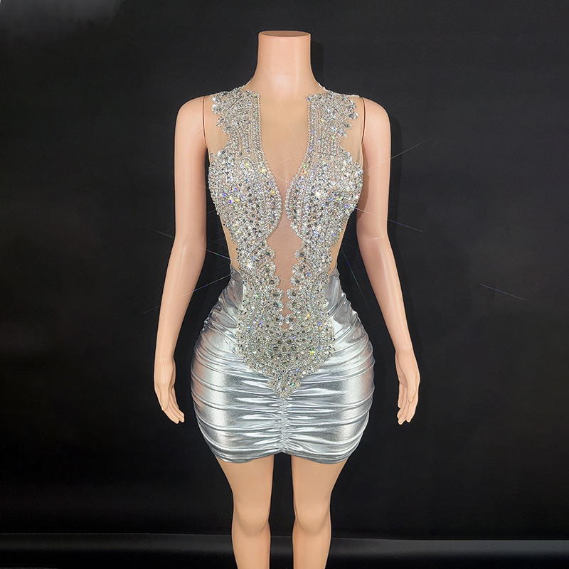 Crystal Rhinestone Club Dresses Sexy Mini Bodycon Sexy Halter V Neck Backless Dress Patchwork Party Wear