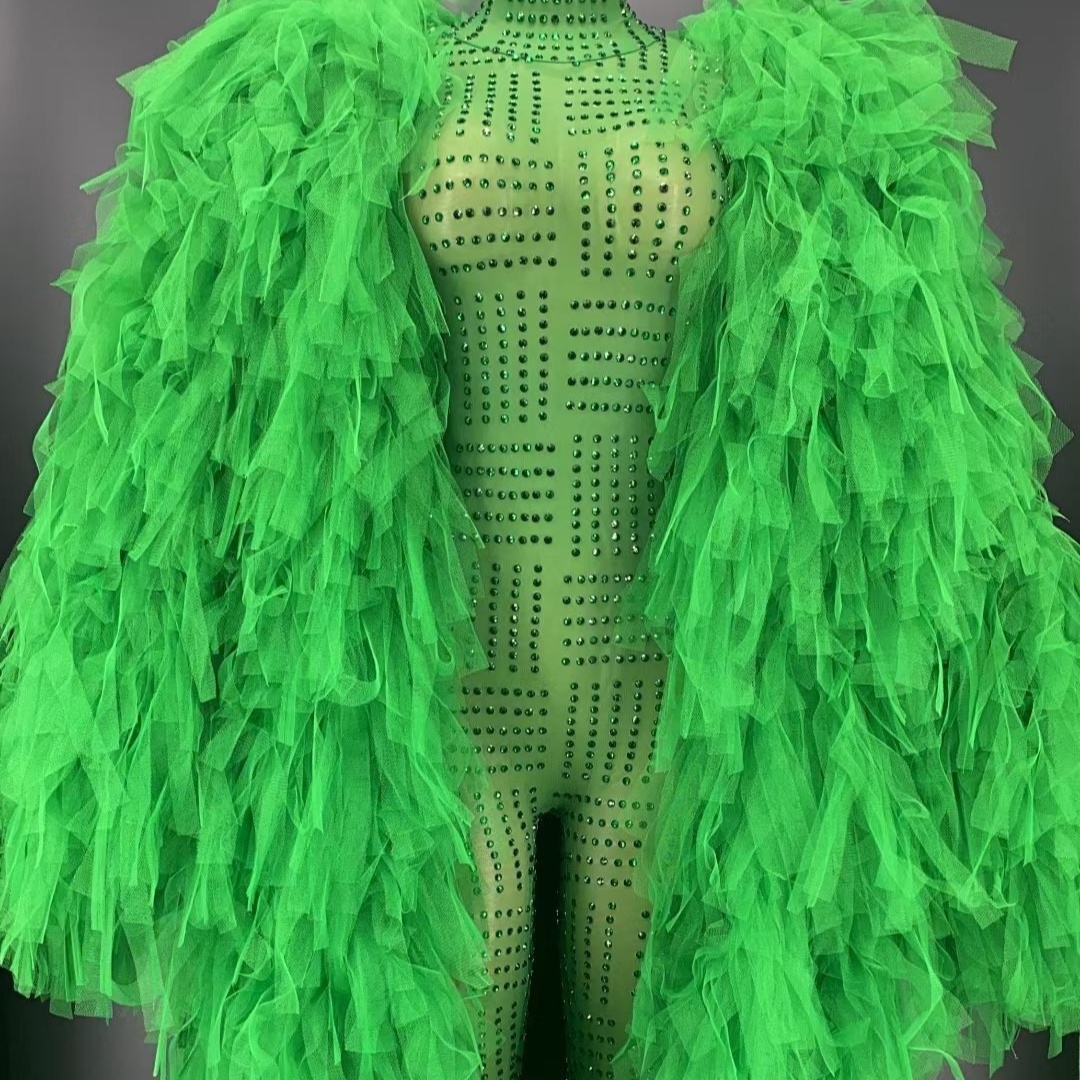 Sparkly Green Crystal Jumpsuit Cape Sexy women fashion stage show model costume nightclub bar women singer bodysuit