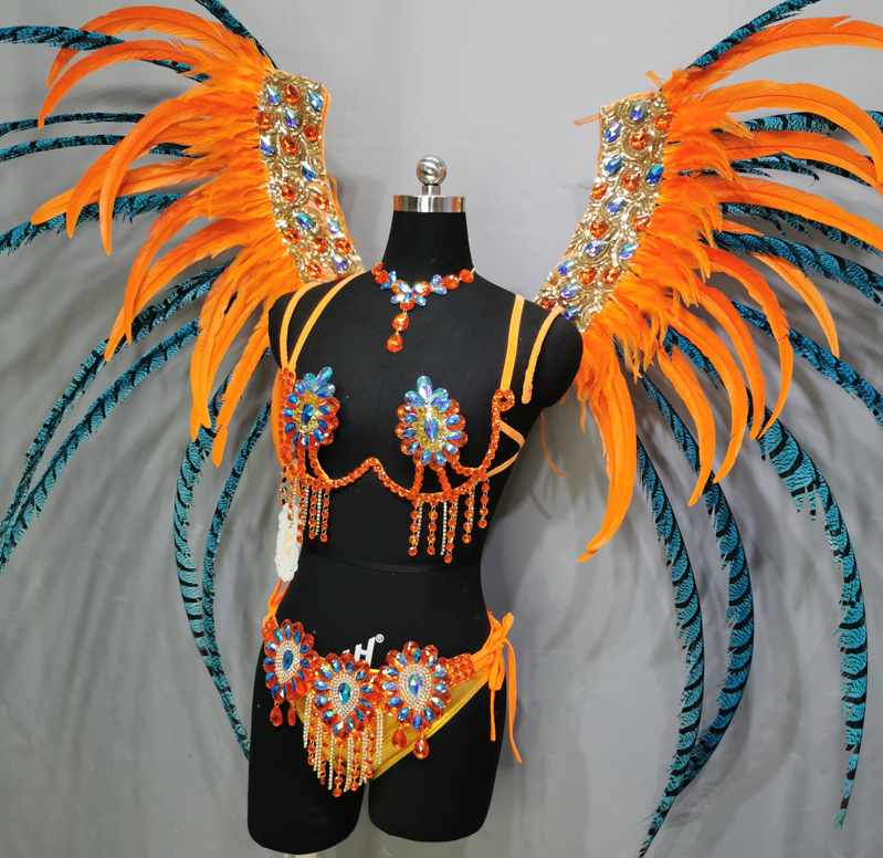 Luxury Sparkly Handmade Samba dance costume Rio Carnival Wire Bra+Panty+Feather Headdress With Stone Sexy Belly Dancing Costume