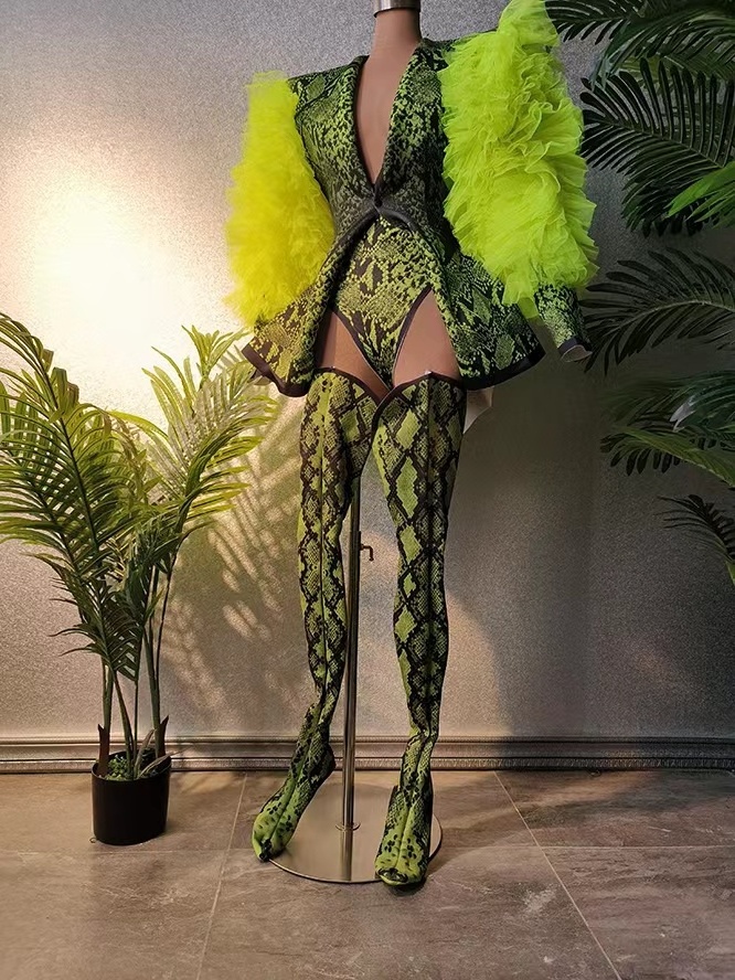 Green Snake Print Ruffles Long Sleeve Exotic Dancewear Stripper Outfit Sets Women Carnival Club Gogo Dancer Costumes