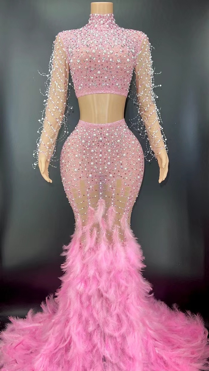 Two Piece Set Luxury Illusion Weeding Evening Dress Shiny Rhinestone Pearl Pink Feather Dress