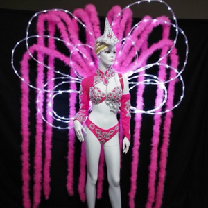 custom samba pink color LED light led women costume feather backboard dance costume for carnival