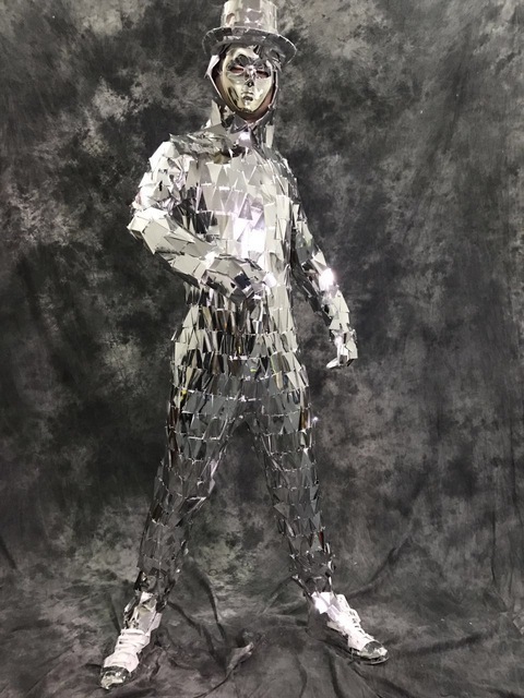 Shiny Silver Mirror costume men popular star Performance Dance Show Bodysuit with Hat sexy cool Singer Sequin Bodysuits costumes