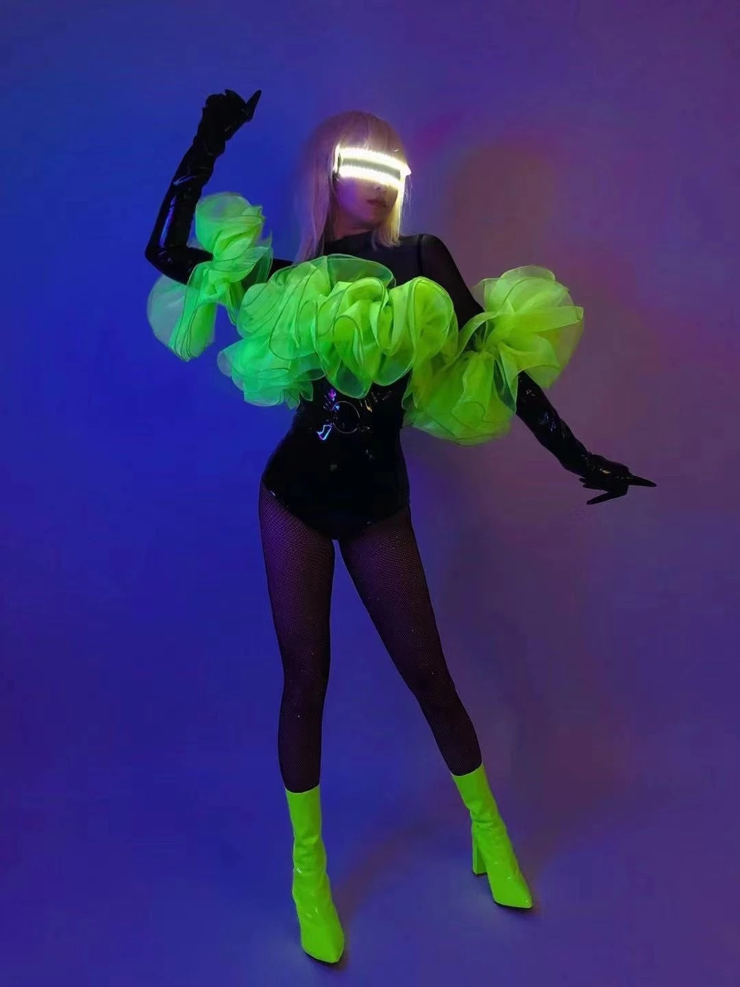 Black Leather Bodysuit Fluorescent Green Gothic Style Show Outfit Women DJ Dancer Singer Nightclub Sexy Stage Costume