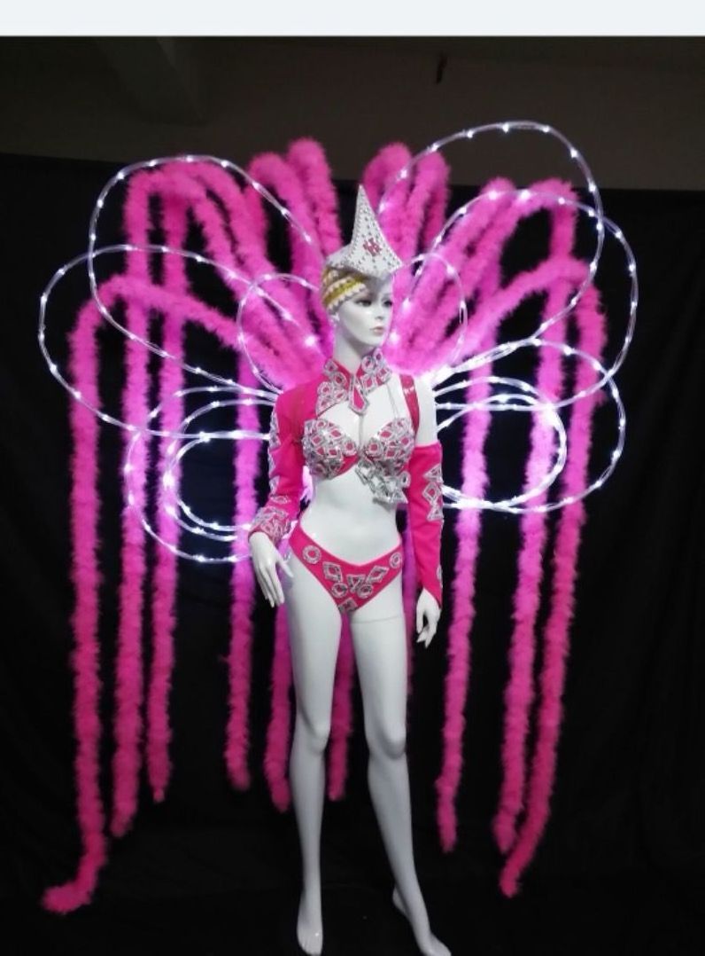 custom samba pink color LED light led women costume feather backboard dance costume for carnival