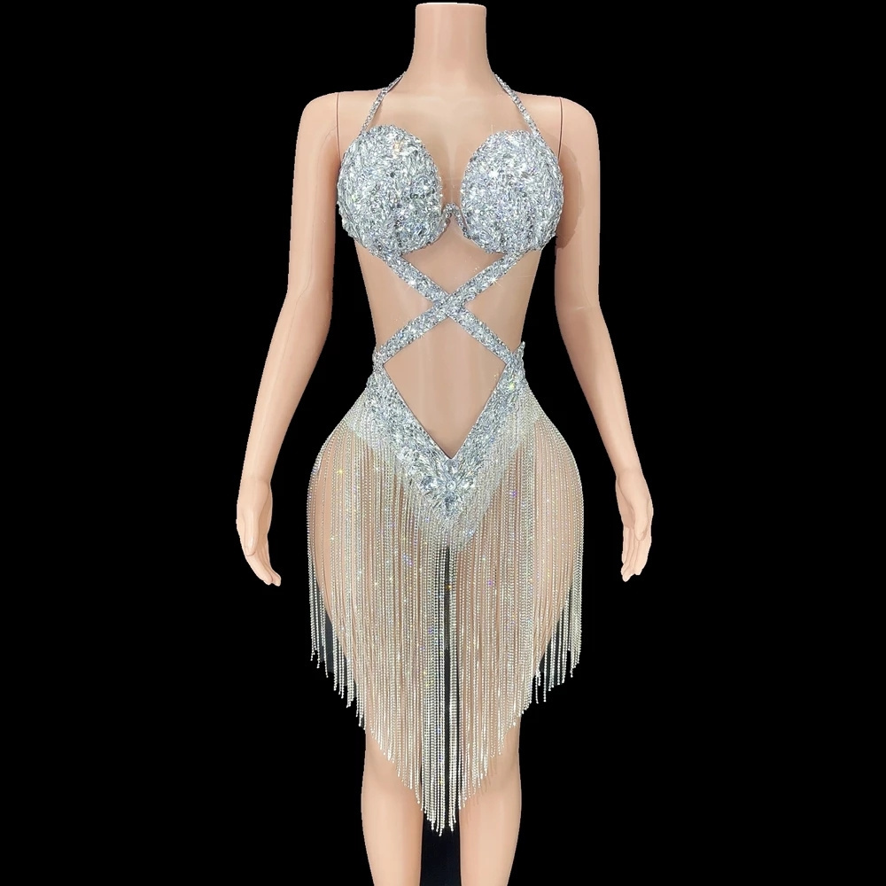 Crystals Rhinestones Chains Sexy Backless Leotard Summer Women Evening Prom Celebriate Birthday Outfit Dance Costume