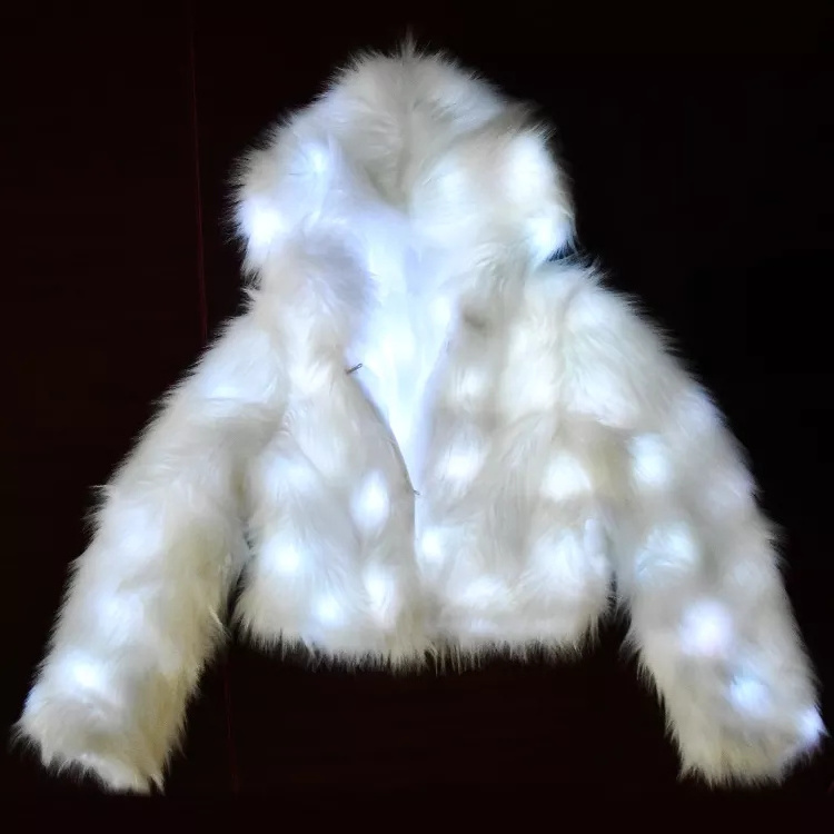 Sexy Women stage dance costume  Christmas Clothes Faux Fur Hooded Coat LED Hoodie light jacket