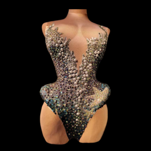 Mono Sexy Pearl Rhinestone Short Jumpsuit Woman Carnival Party Wear Pole Dance Leotard Club Stage Performance Bodycon Bodysuits