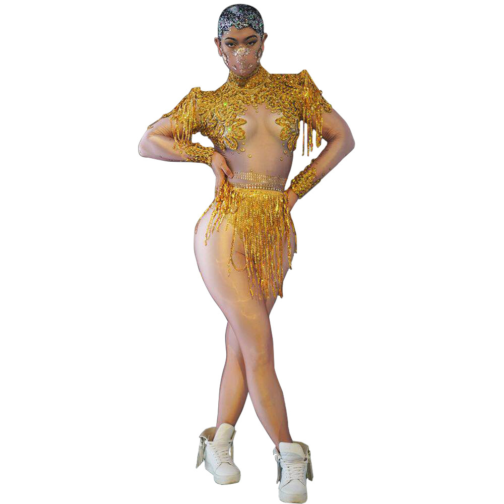 Sexy  Performance Wear Gold Sequins Tassel Party Leotards + Skirts 2 Piece Set Women Club Stage Costumes Pole Dance Bodydsuit