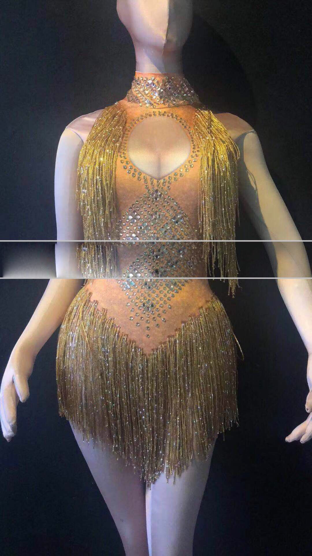 Luxurious Leotard Women Glisten Rhinestone Sexy Bodysuit Silver Long Tassel Costume Birthday Celebrate Dance Wear