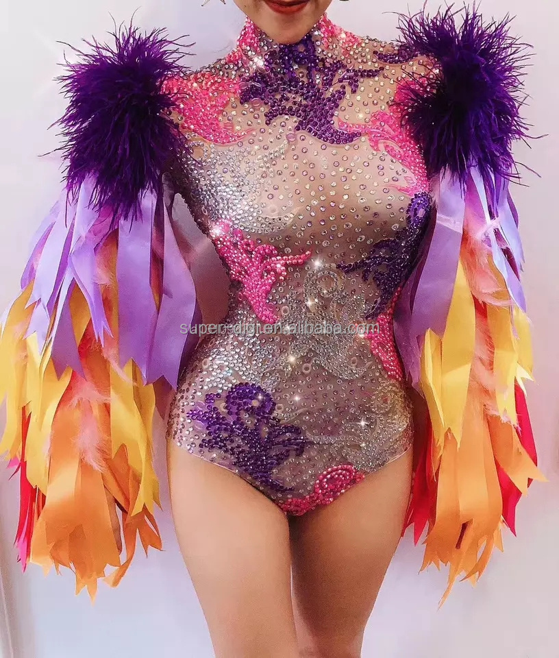 Sexy ClubSinger Guest Dance Team Fake Meat Print Full of Diamond Fur Colored Diamond One-piece Costume