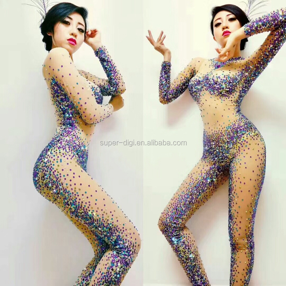 Sexy Bodysuit Sparkly Rhinestones Rompers Women's Jumpsuit party Nightclub Singer Jazz DJ Dance Costume