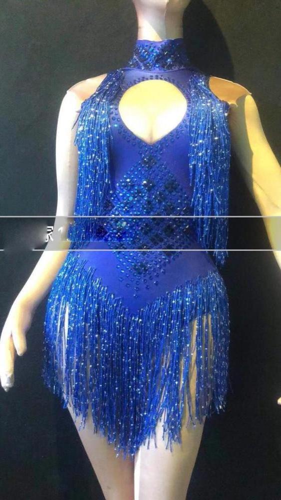 Luxurious Leotard Women Glisten Rhinestone Sexy Bodysuit Silver Long Tassel Costume Birthday Celebrate Dance Wear