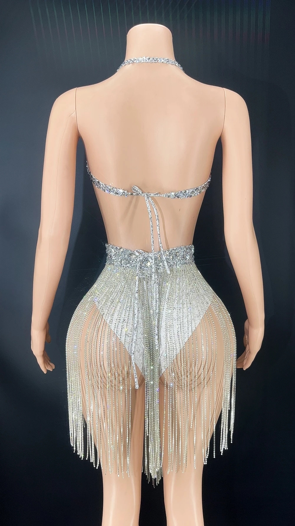 Crystals Rhinestones Chains Sexy Backless Leotard Summer Women Evening Prom Celebriate Birthday Outfit Dance Costume