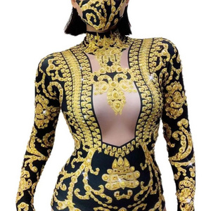 Gold crystal jumpsuit singer bodysuit with facemask Nightclub Bar Lead Dancer Carnival Dress Up Party Theme Park Float Costume