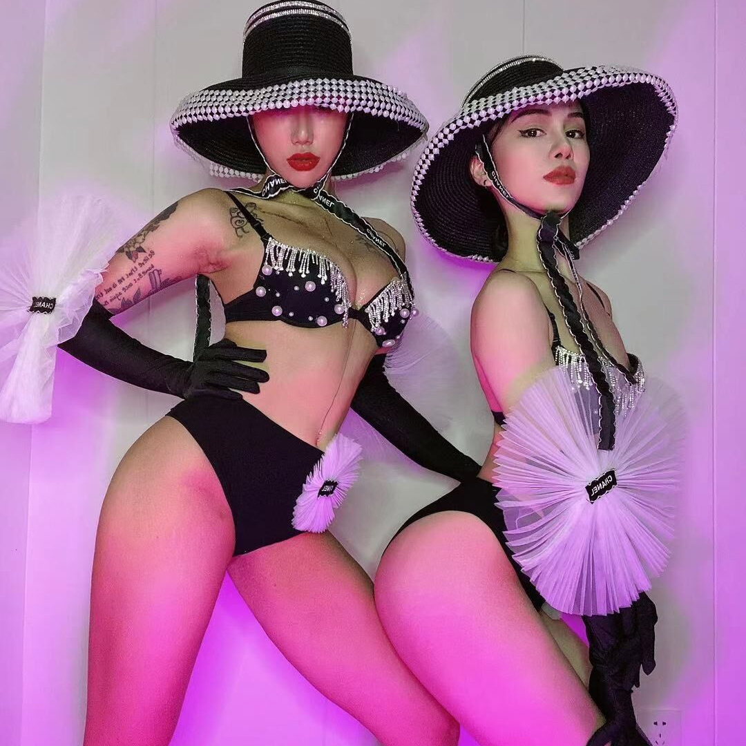 Big hat gogo dance costume black women party show stage dance wear club dj dancer costume