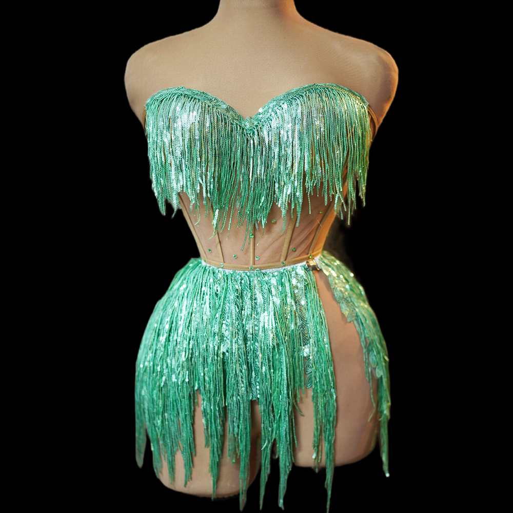 Sexy Strapless Sequin Top Tassel Skirts 2 Piece Set Women Exotic Dancewear Festival Outfits Set Dancer Stage Performance Costume