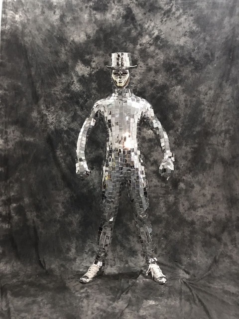 Shiny Silver Mirror costume men popular star Performance Dance Show Bodysuit with Hat sexy cool Singer Sequin Bodysuits costumes