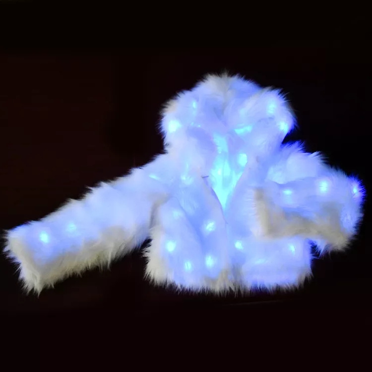 Sexy Women stage dance costume  Christmas Clothes Faux Fur Hooded Coat LED Hoodie light jacket