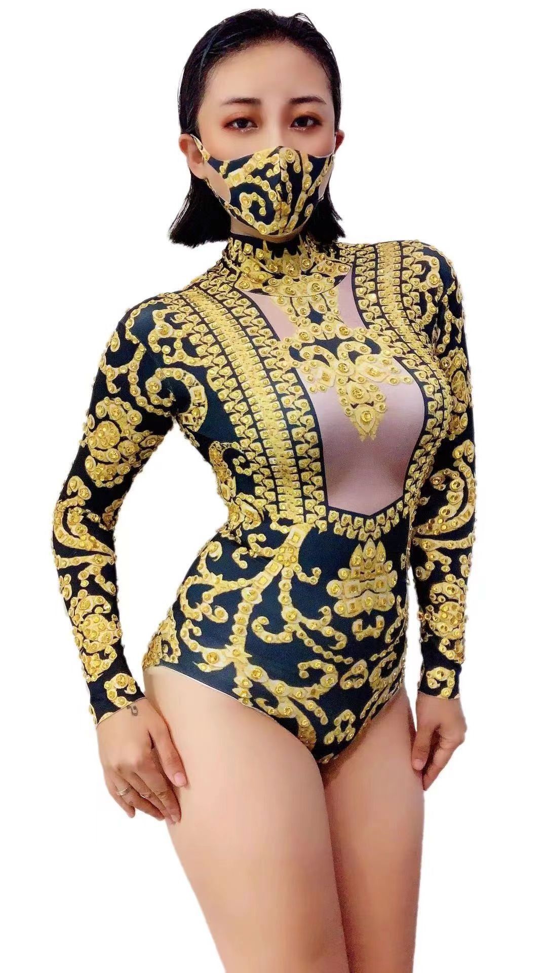 Gold crystal jumpsuit singer bodysuit with facemask Nightclub Bar Lead Dancer Carnival Dress Up Party Theme Park Float Costume