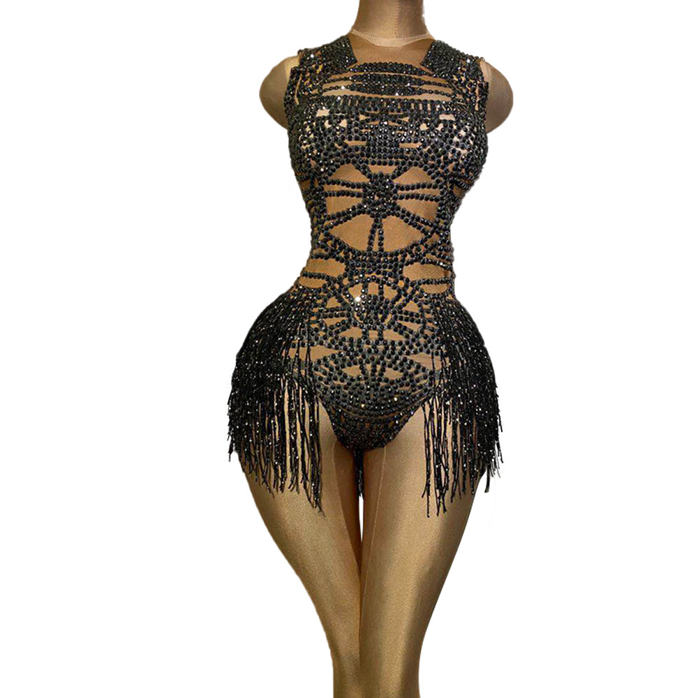 Sleeveless Leotard Women  Nude Crystal Tassel Nightclub Rhinestone Party Bodysuits Dance Stage Costumes