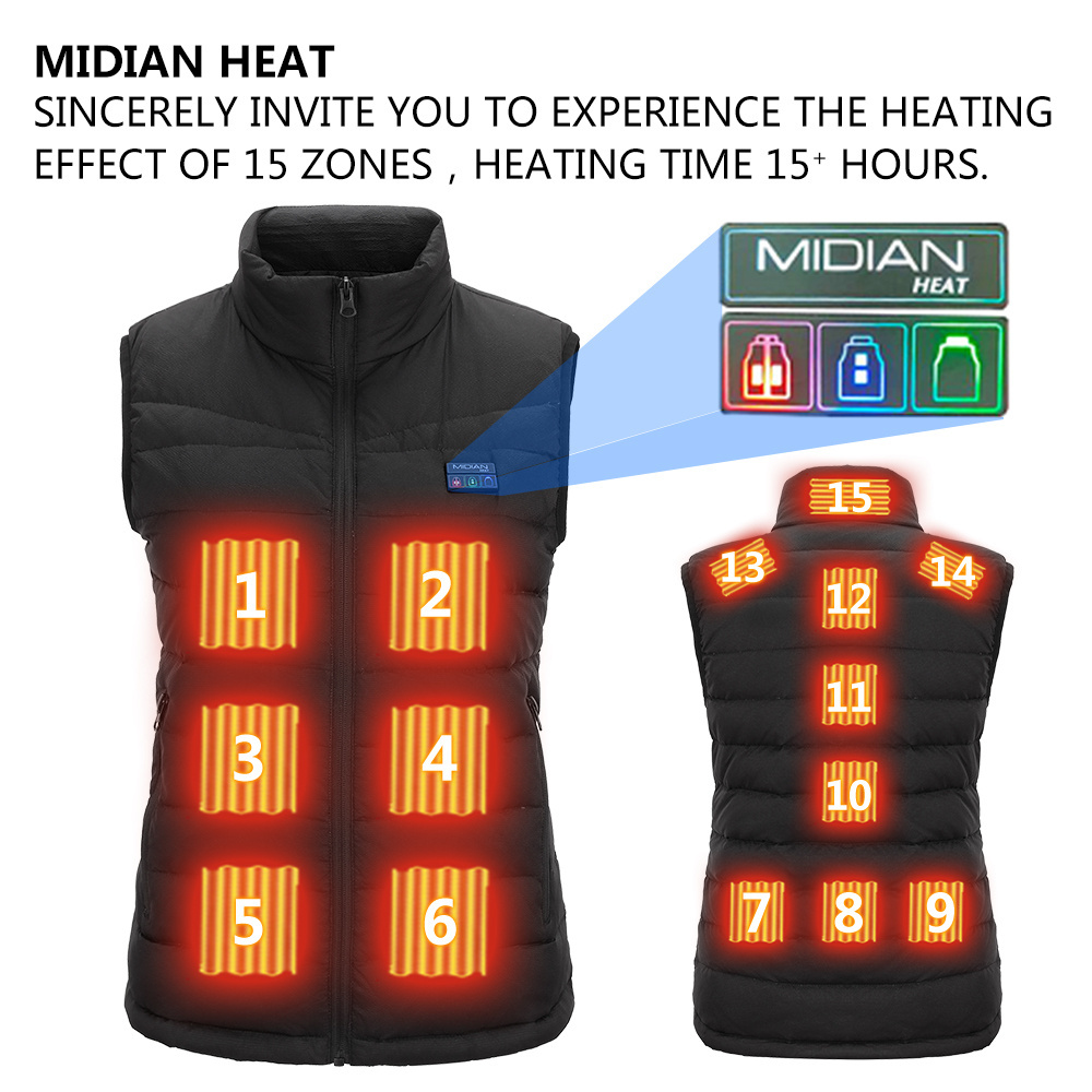 MIDIAN Winter Cold Season Hunting DC 7.4V Rechargeable Electric 15 Zones Heating Gilet Thermal Waistcoat Heated Vest For Women