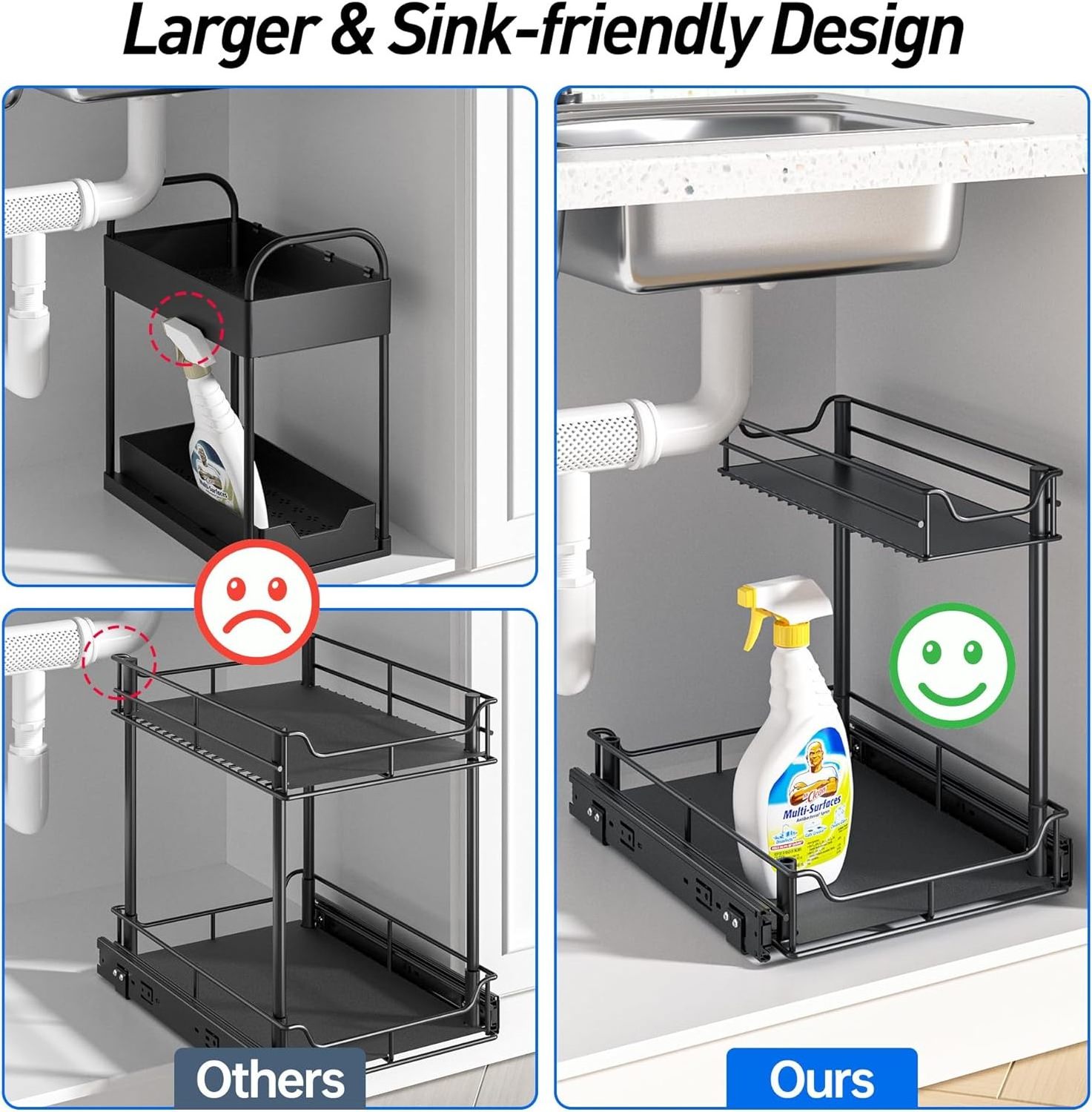 Double-Tiered Multifunctional Metal Storage Organizer for Home Kitchen Organization Larger under Sink Cabinet Pull out Shelves